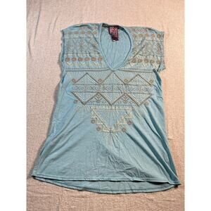 Johnny Was Women’s Medium Bllue V-Neck Sleeveless Embroidered Floral Blouse Boho
